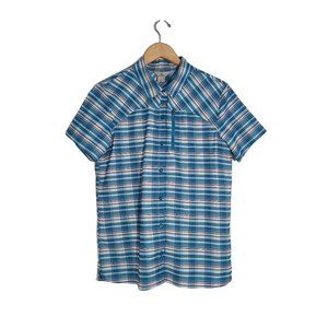 Ascend Women's Tech Plaid Short-Sleeve Casual Shirt Blue Medium Button Front